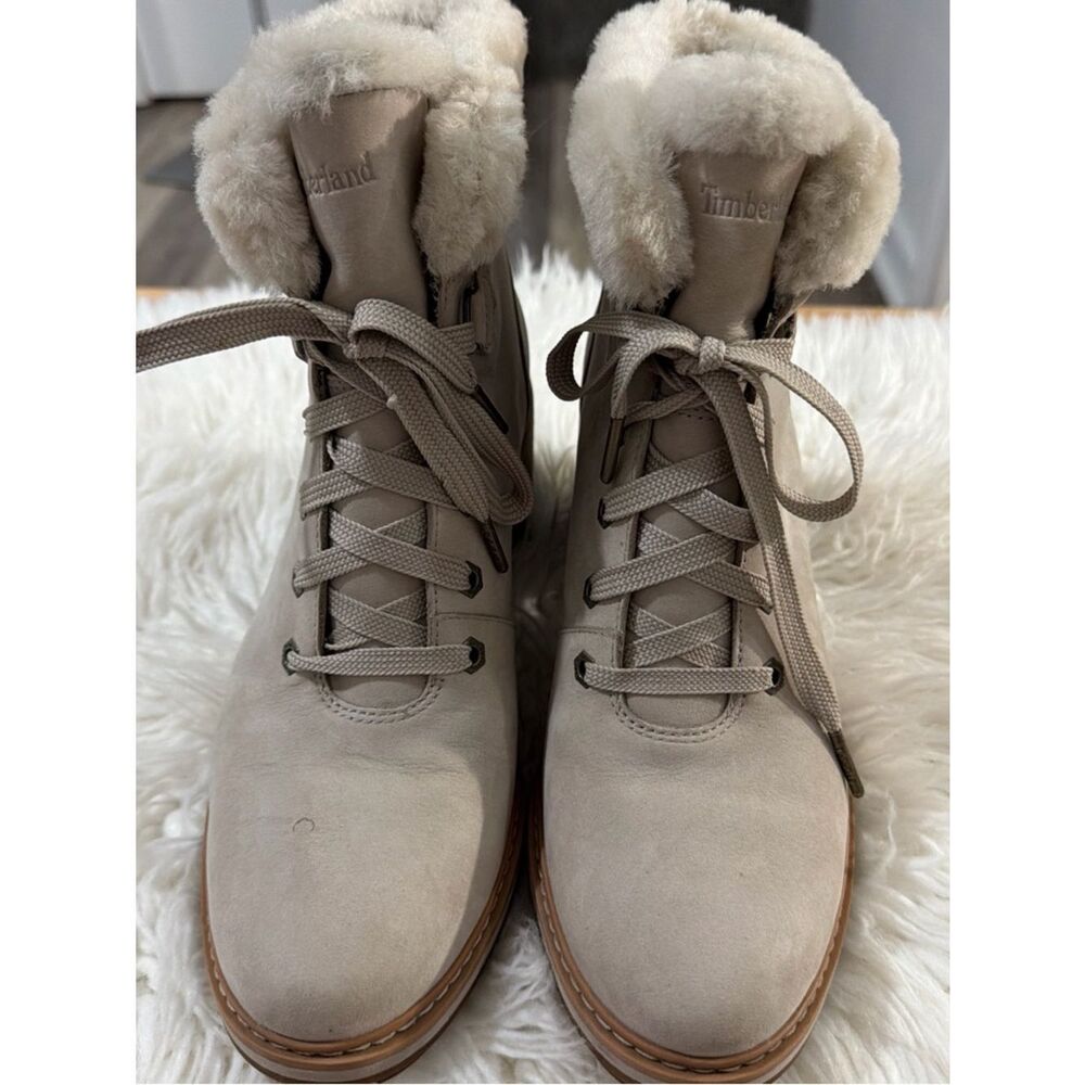 Timberland Women's Taupe Lace-Up Shearling Collar Boots Size 10